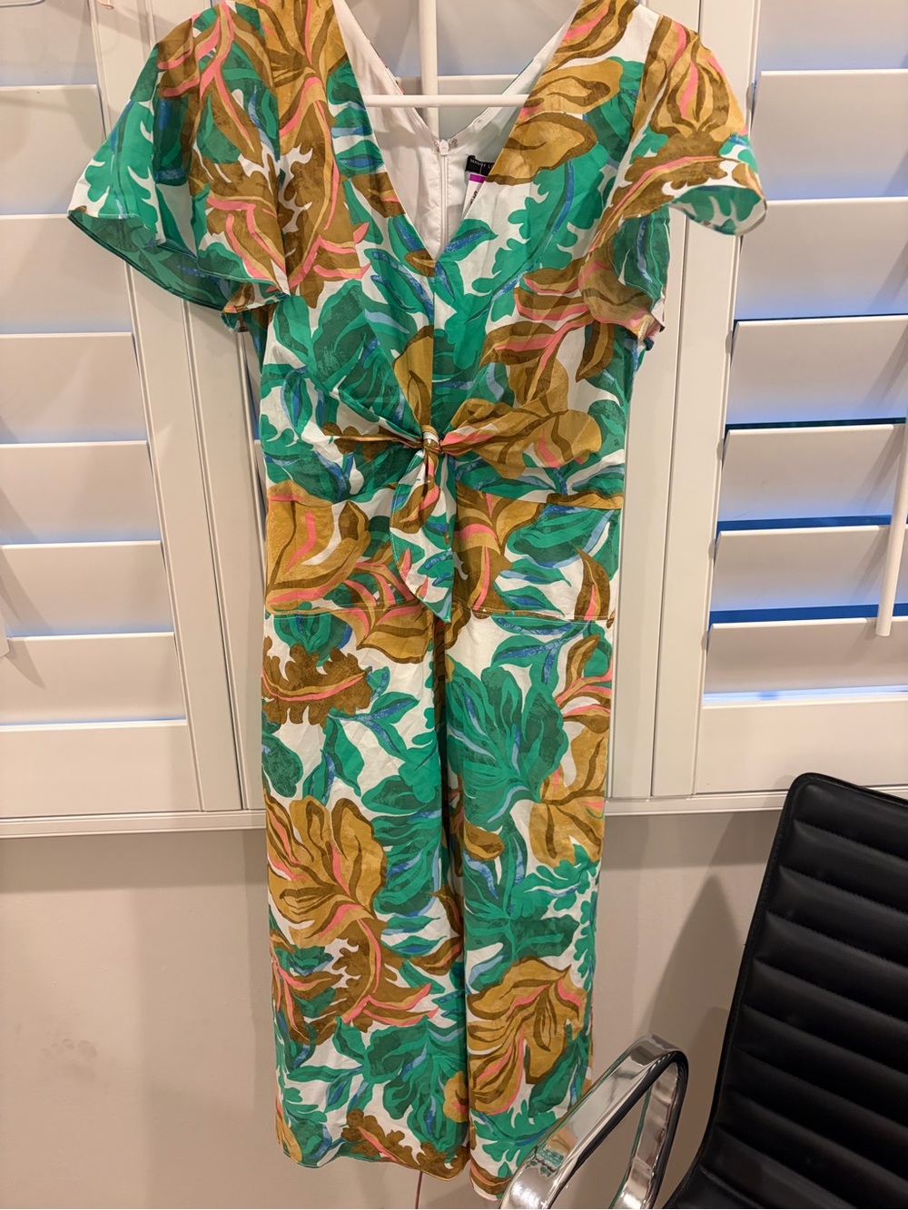 Maggy London Tropical Palm Print Tie-Front Flutter Sleeve Midi Dress Size 8